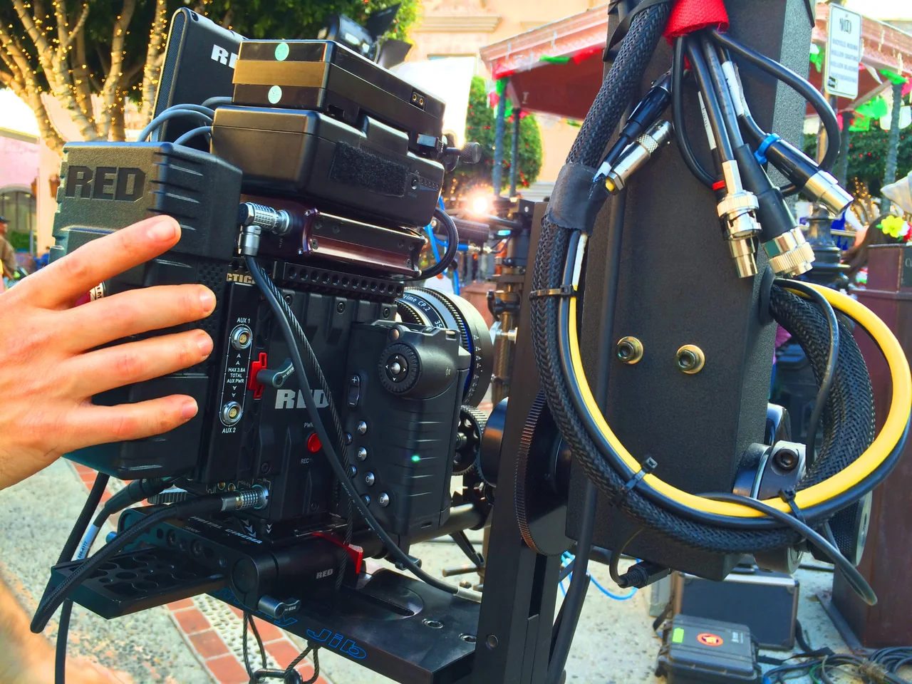Close view of a professional camera and remote-head rig